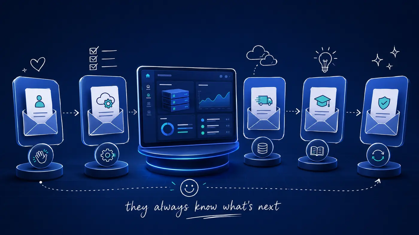 Email automation across the hosting customer lifecycle, from welcome and setup to education, renewal and upgrades.
