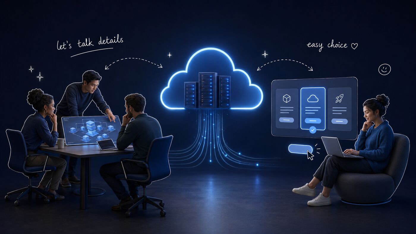 B2B infrastructure buyers and a B2C website owner choosing hosting services through different customer journeys.