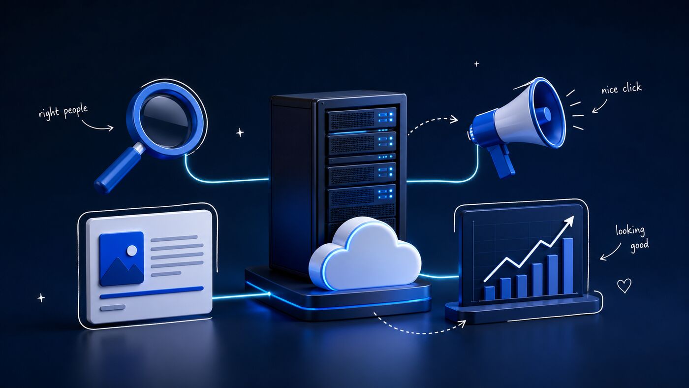 SEO, PPC, content and analytics connected to a hosting server for qualified customer acquisition.