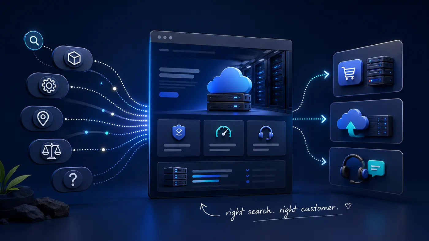 Hosting SEO keyword strategy connecting product, feature, location and comparison searches with qualified conversions.