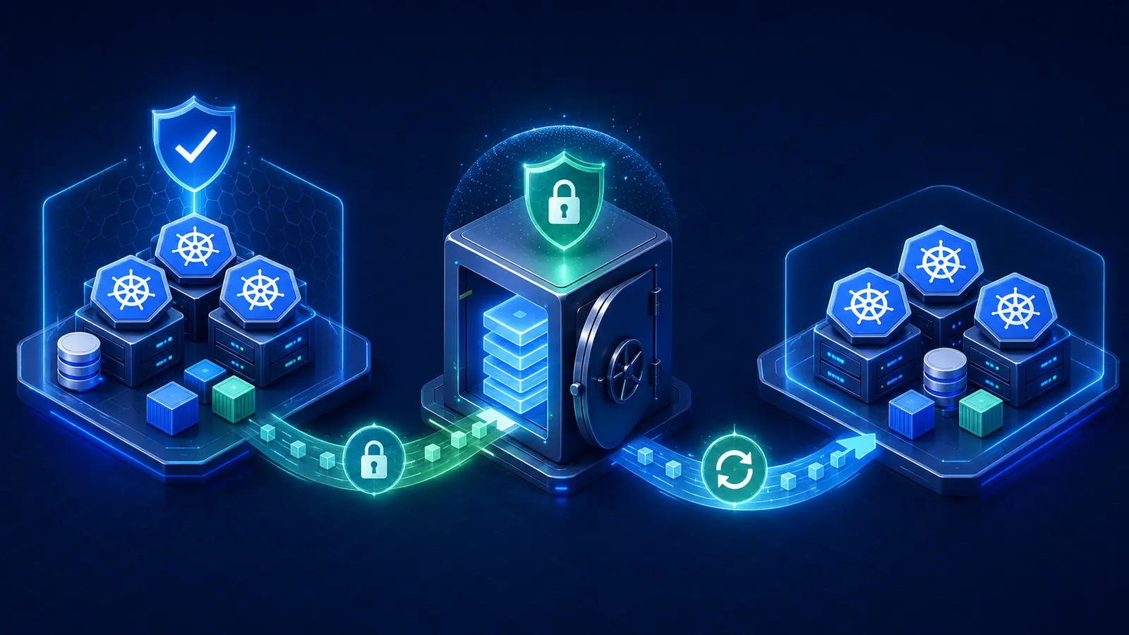 Kubernetes cluster sending protected backups to an off site vault and restoring to replacement VPS nodes