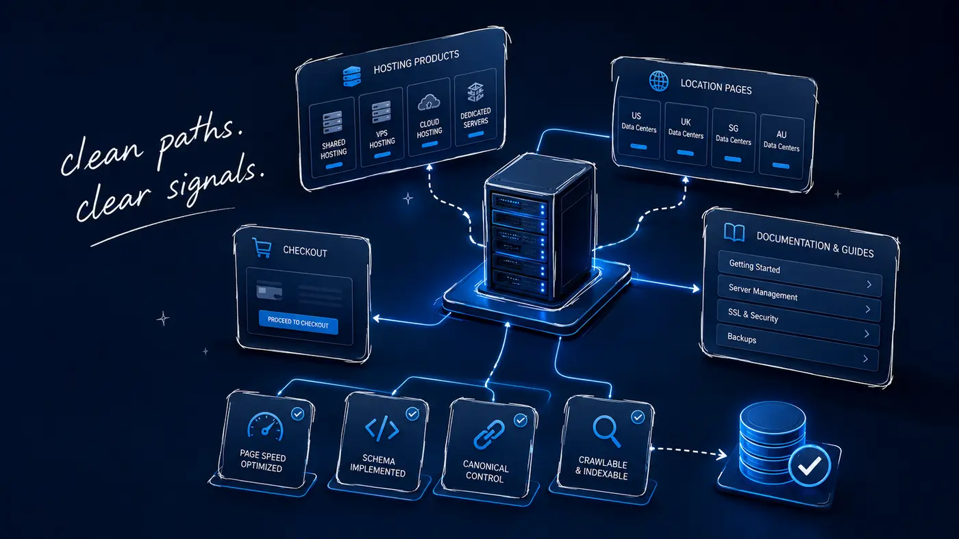 Technical SEO architecture for hosting product pages, location pages, documentation, checkout and search indexing.