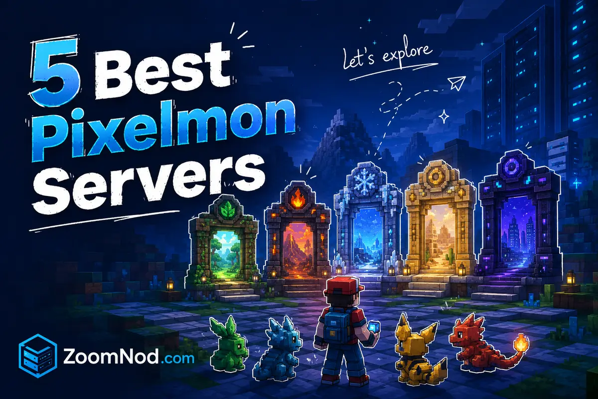 5 Best Pixelmon Servers featured image with five block-world server portals by ZoomNod