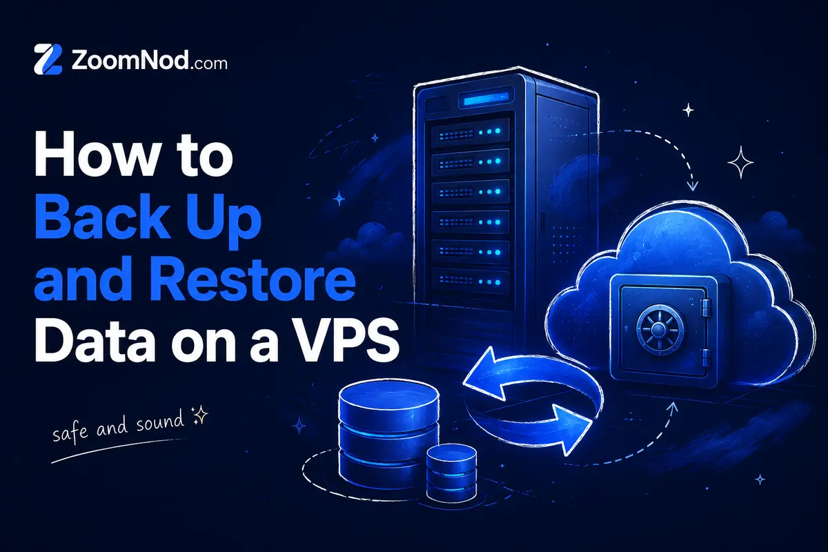 How to Back Up and Restore Data on a VPS featured image with server and cloud backup by ZoomNod