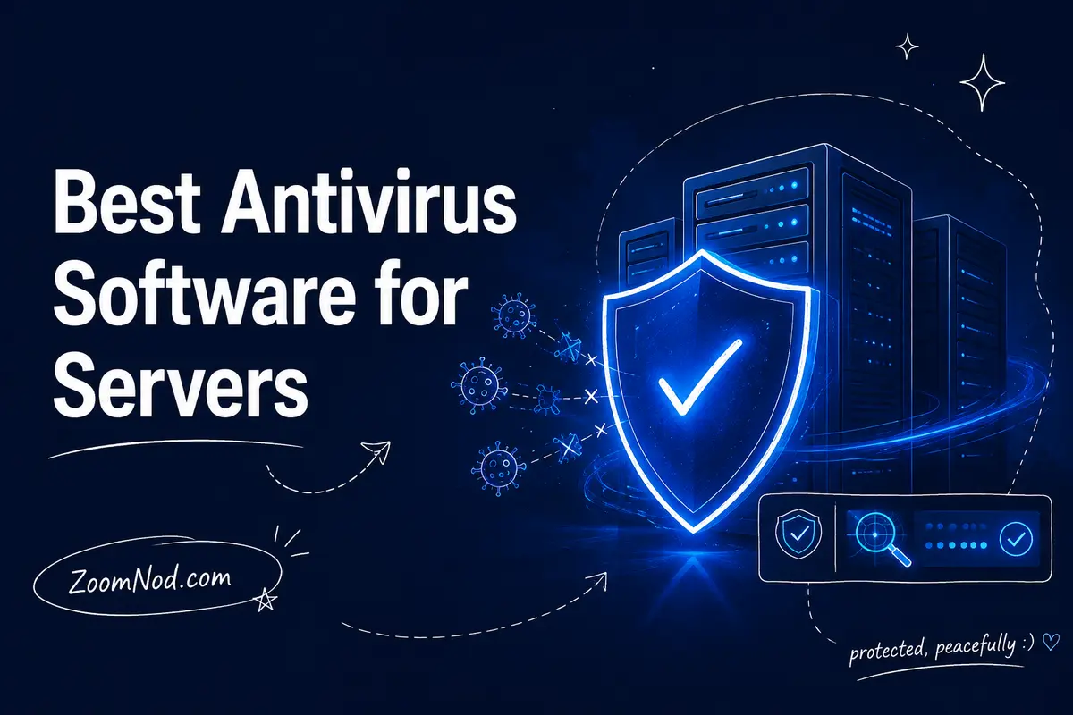 Best Antivirus Software for Servers featured image with shield-protected server racks by ZoomNod