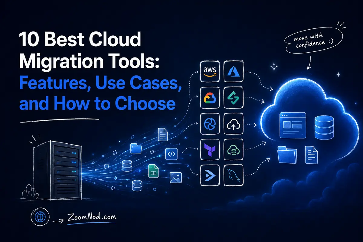 10 Best Cloud Migration Tools featured image showing applications and data moving to cloud infrastructure by ZoomNod