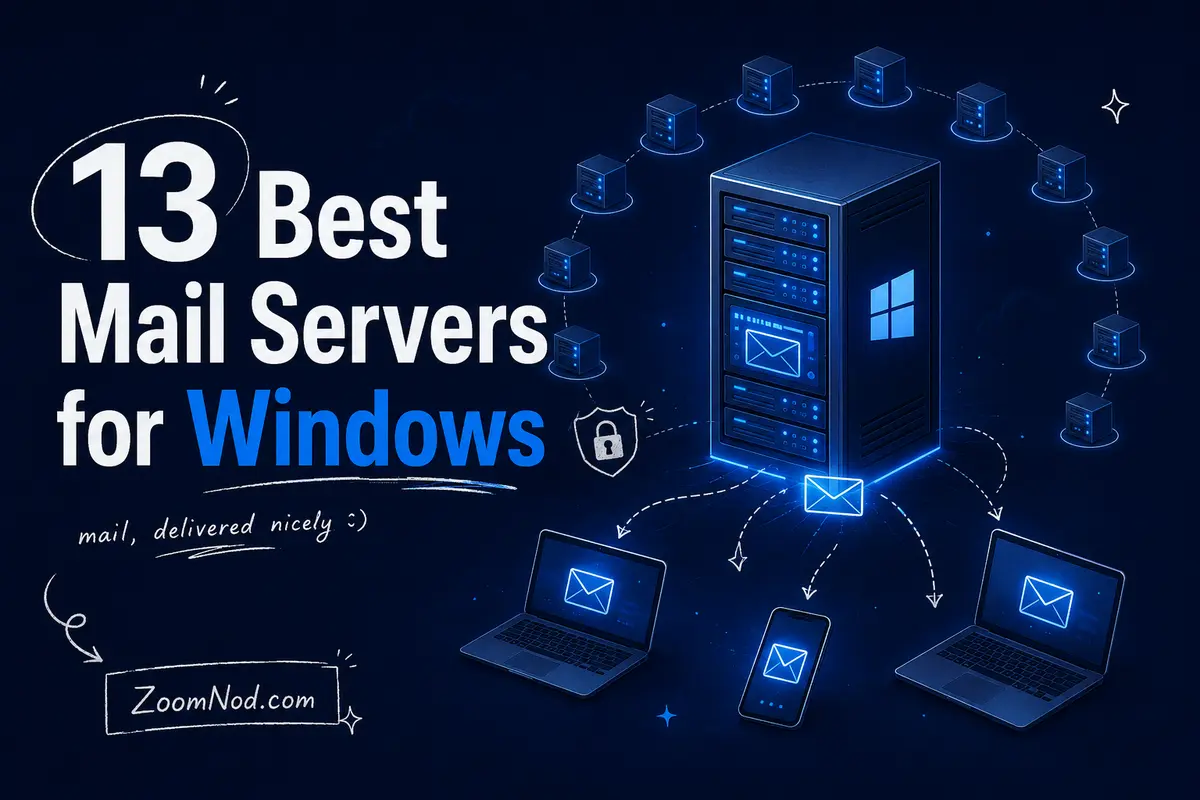 13 Best Mail Servers for Windows featured image with secure email server infrastructure by ZoomNod
