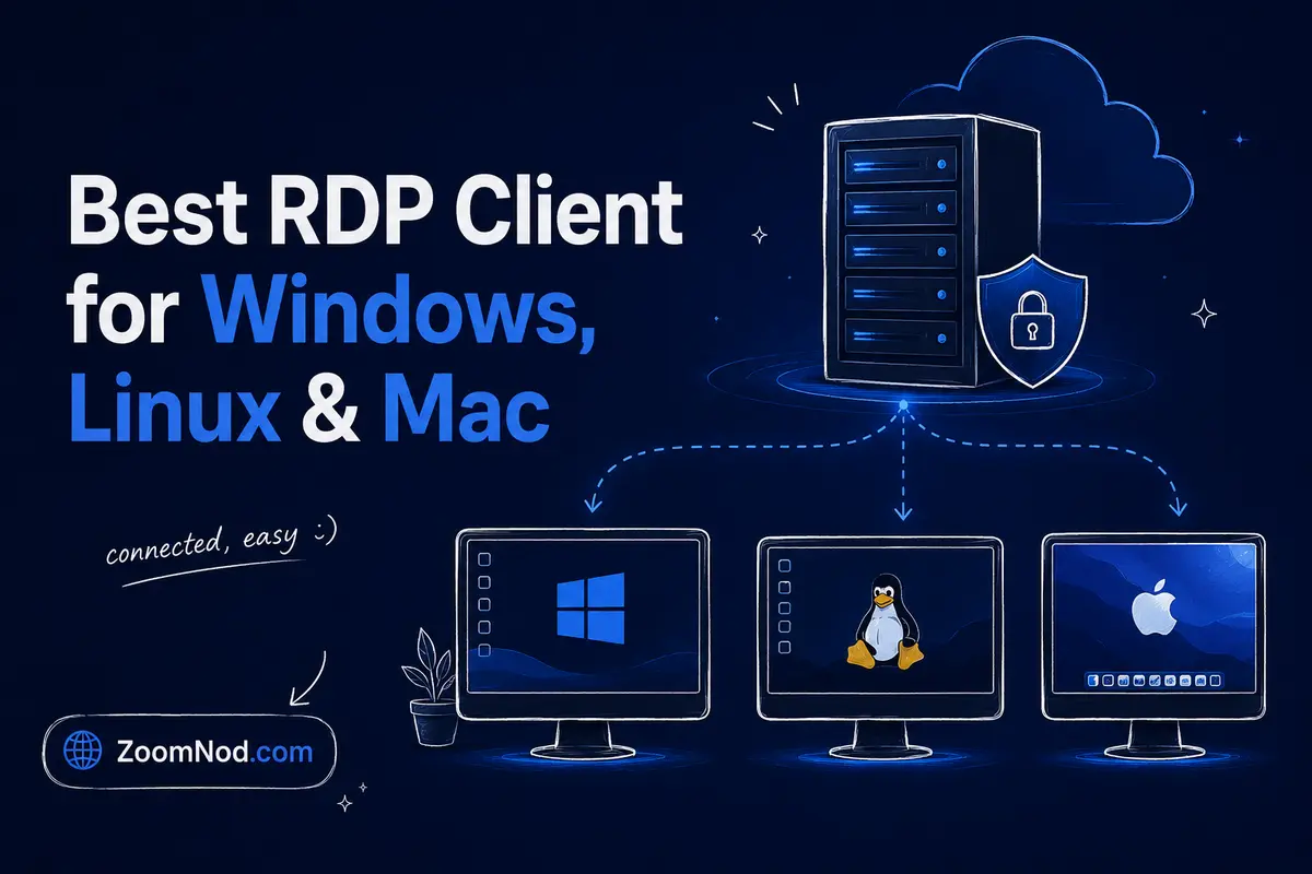 Best RDP Client for Windows, Linux and Mac featured image with secure remote desktop connections by ZoomNod