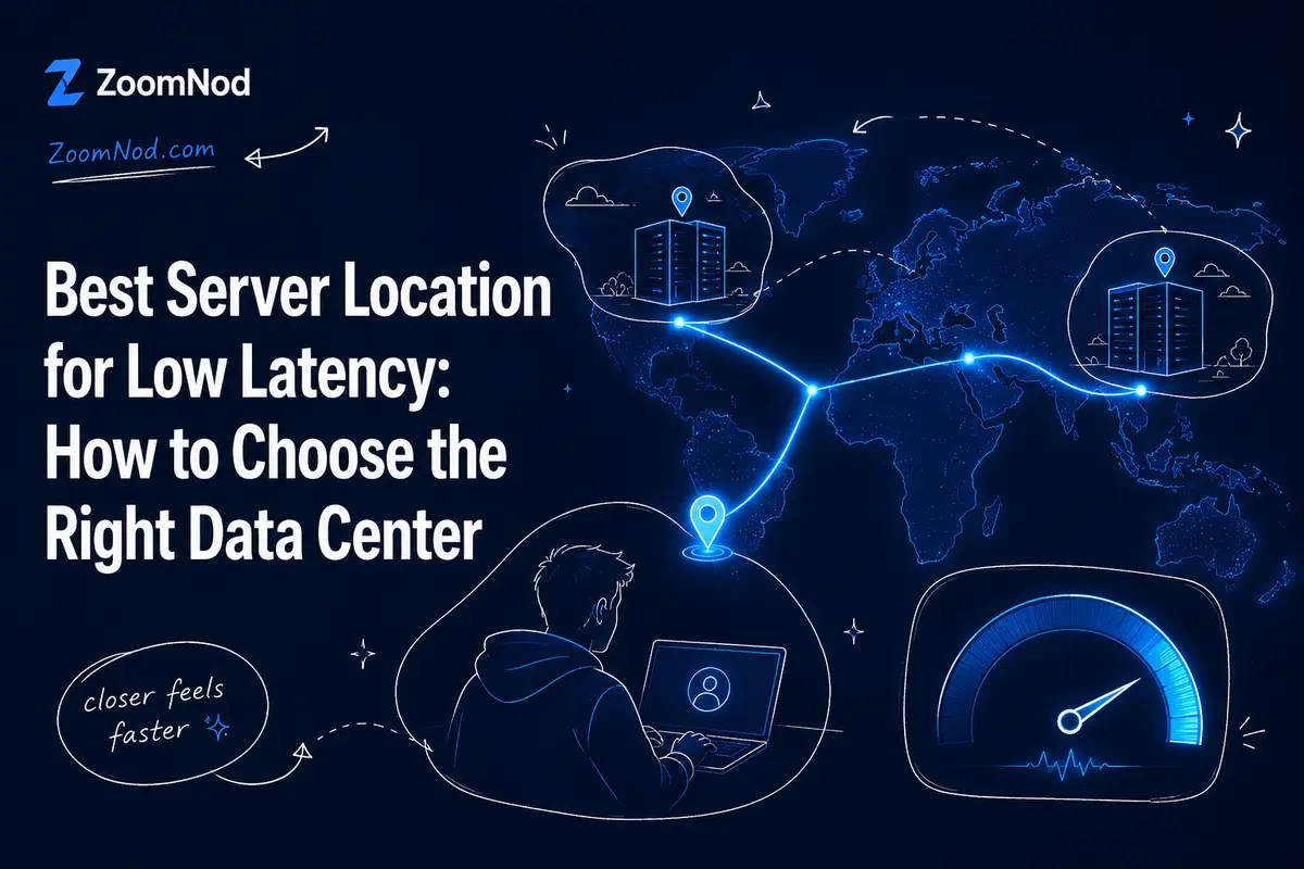 Best Server Location for Low Latency featured image with nearby data centers and fast network routes by ZoomNod