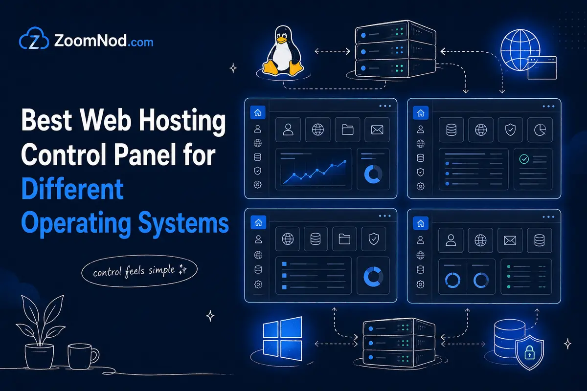 Best Web Hosting Control Panel for Different Operating Systems featured image with hosting dashboards by ZoomNod