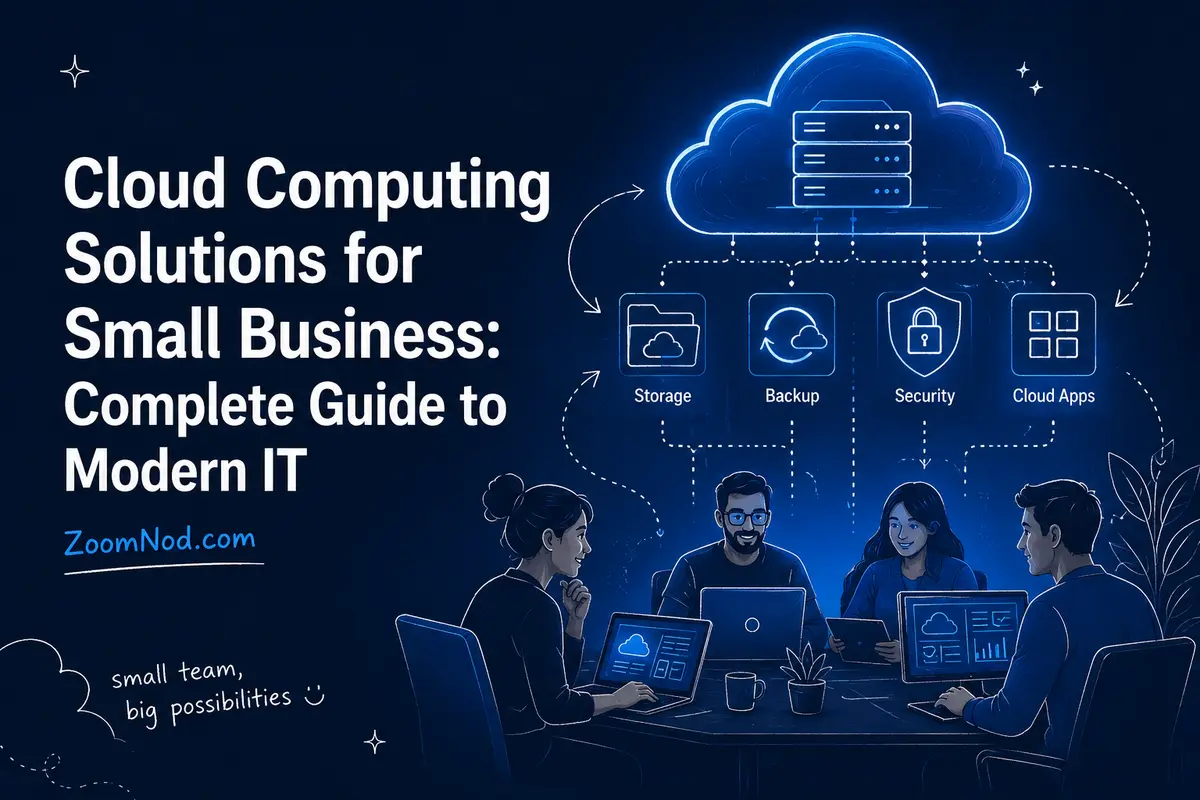 Cloud Computing Solutions for Small Business featured image showing connected cloud services by ZoomNod