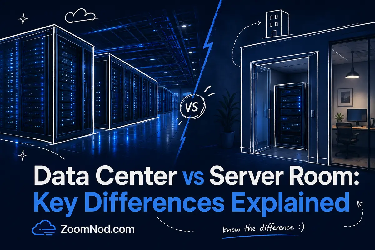 Data Center vs Server Room featured image comparing professional and office infrastructure by ZoomNod
