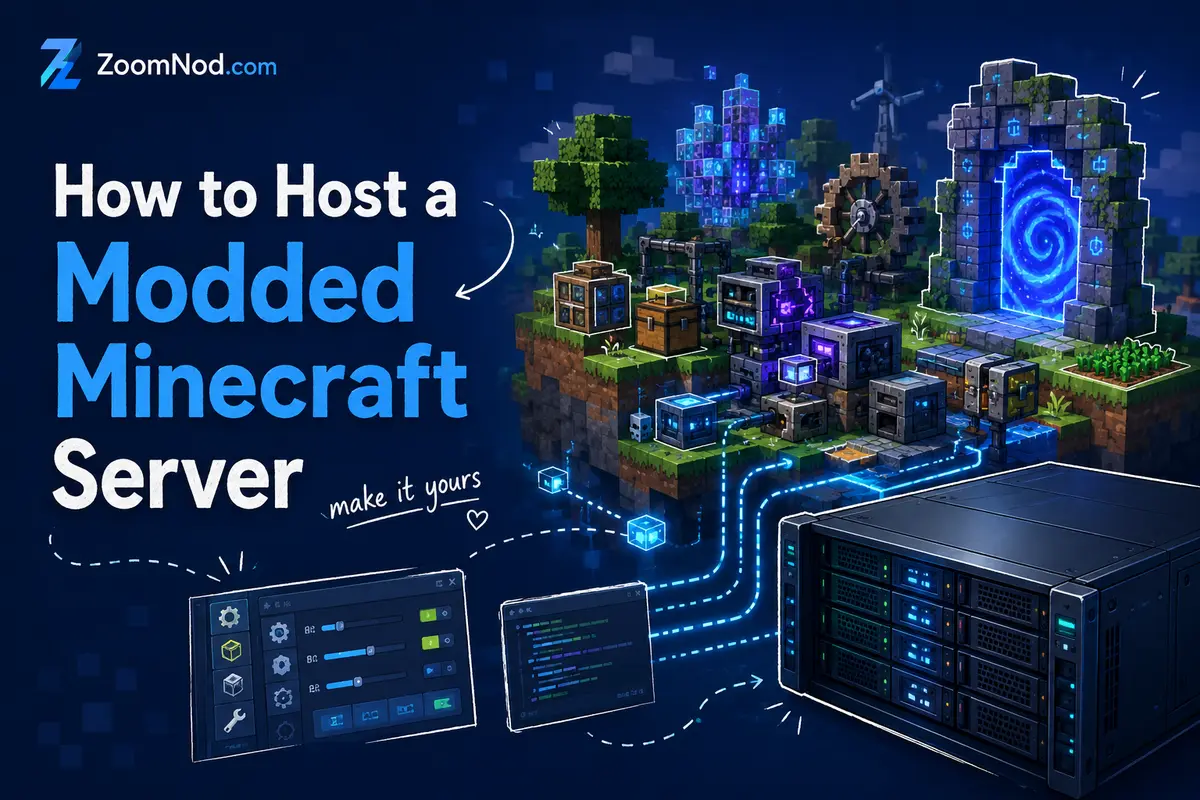 How to Host a Modded Minecraft Server featured image with modded block world and server rack by ZoomNod