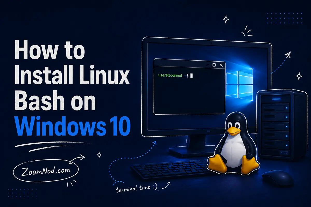 How to Install Linux Bash on Windows 10 featured image with terminal and server by ZoomNod