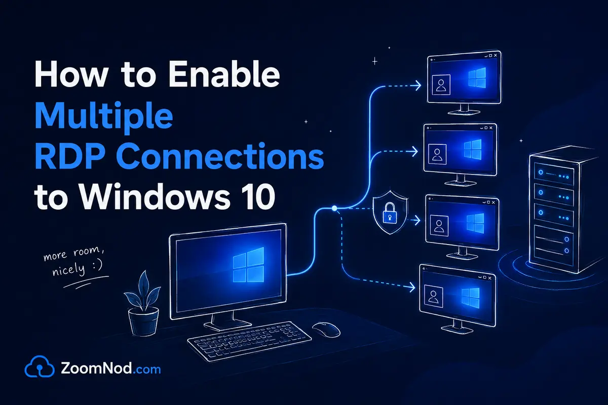How to Enable Multiple RDP Connections to Windows 10 featured image with several secure sessions by ZoomNod