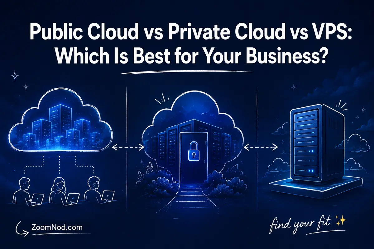Public Cloud vs Private Cloud vs VPS comparison featured image by ZoomNod