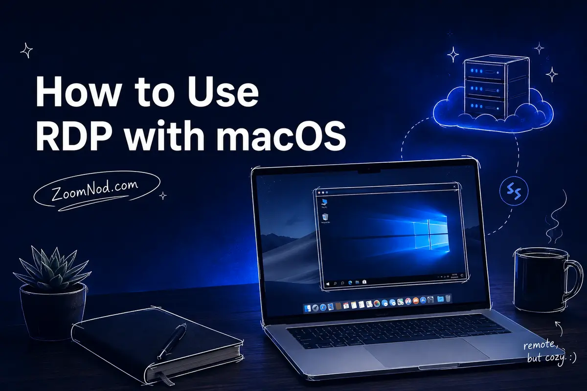 How to Use RDP with macOS featured image showing a Mac workstation connected to a remote server by ZoomNod
