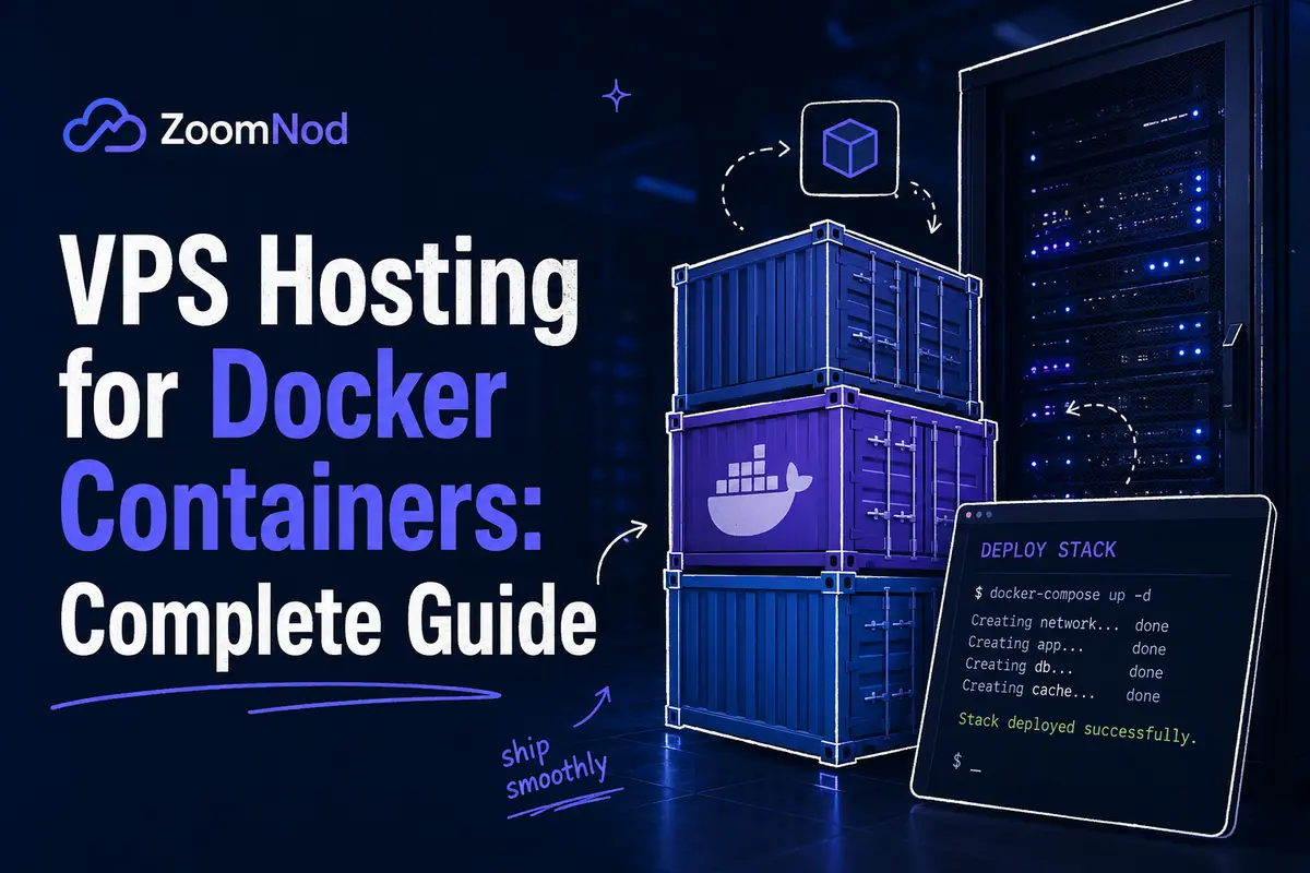 VPS Hosting for Docker Containers complete guide featured image with container stack and server infrastructure by ZoomNod