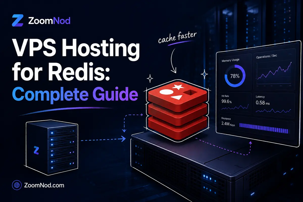 VPS Hosting for Redis complete guide featured image with in-memory cache blocks and server performance dashboard by ZoomNod