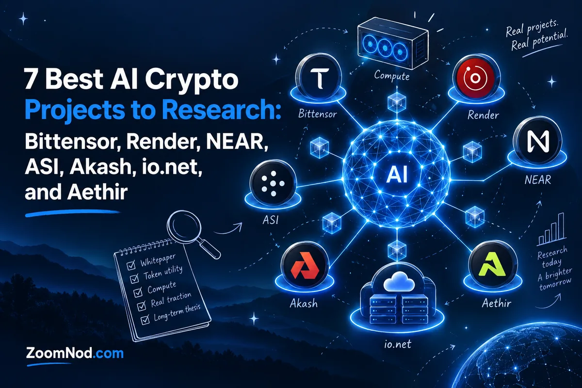 ZoomNod cover comparing Bittensor, Render, NEAR, ASI, Akash, io.net, and Aethir AI crypto projects