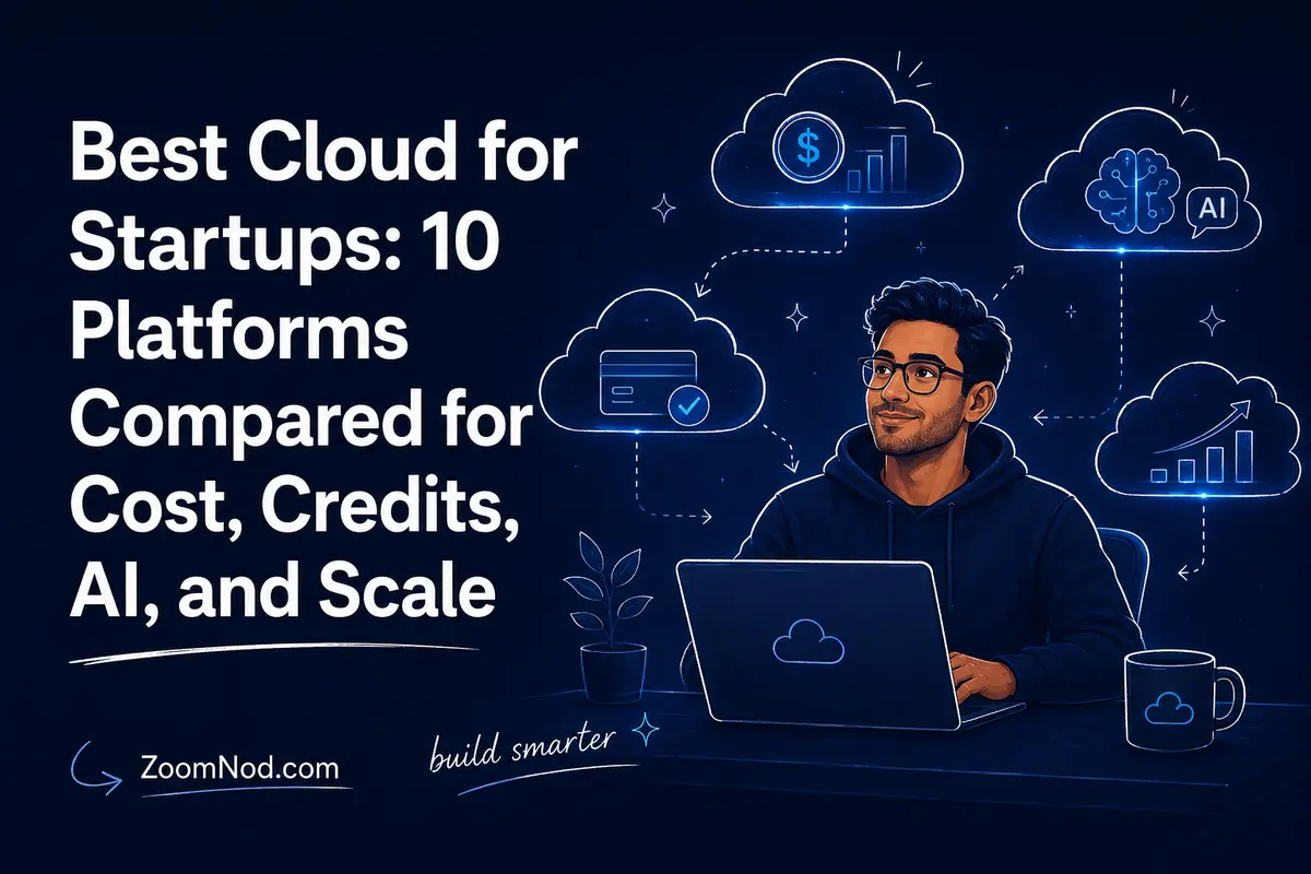 Best Cloud for Startups comparison cover showing cloud cost, credits, AI, and scaling by ZoomNod