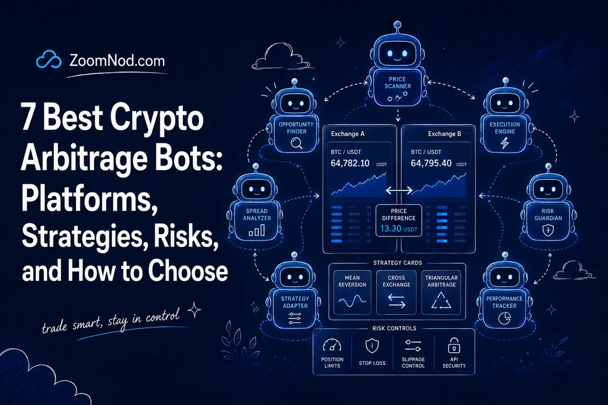 Best crypto arbitrage bots cover showing price comparison, automation strategies, and risk controls by ZoomNod