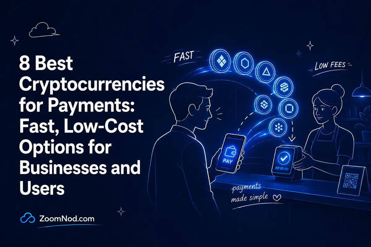 Best cryptocurrencies for payments cover showing fast low-cost crypto checkout for businesses and users by ZoomNod