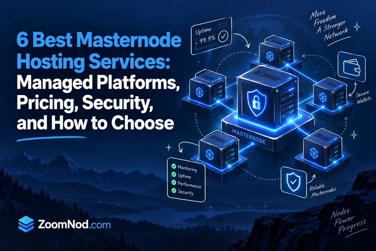 ZoomNod cover comparing six masternode hosting services, managed platforms, pricing, security, and selection criteria