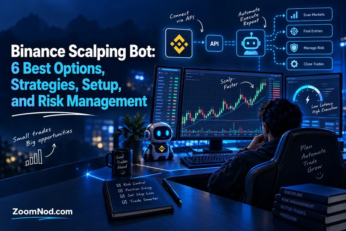 ZoomNod cover showing Binance scalping bot options, strategies, setup, fast execution, and risk management