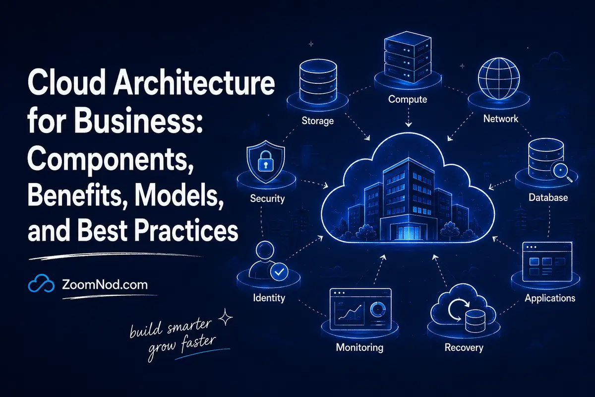 Cloud architecture for business cover showing compute, storage, networking, security, identity, applications, monitoring, and recovery by ZoomNod