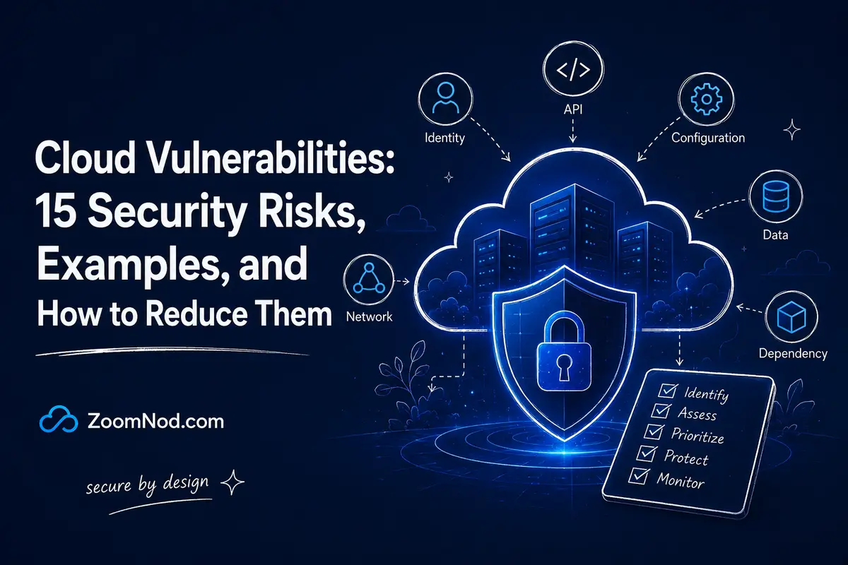 Cloud vulnerabilities cover showing identity, API, configuration, data, dependency, and network security risks by ZoomNod