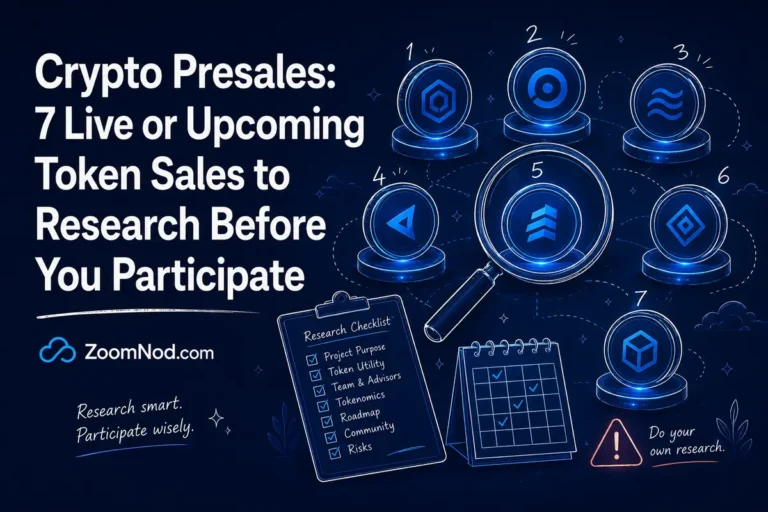Crypto Presales research cover showing seven token sales, checklist, calendar, and risk review by ZoomNod