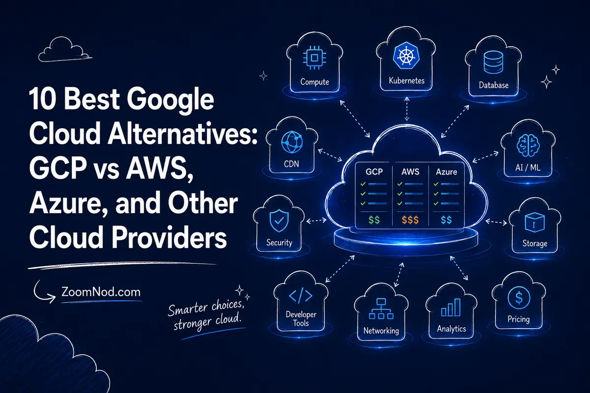 Best Google Cloud alternatives cover comparing GCP, AWS, Azure, compute, Kubernetes, databases, AI, and pricing by ZoomNod
