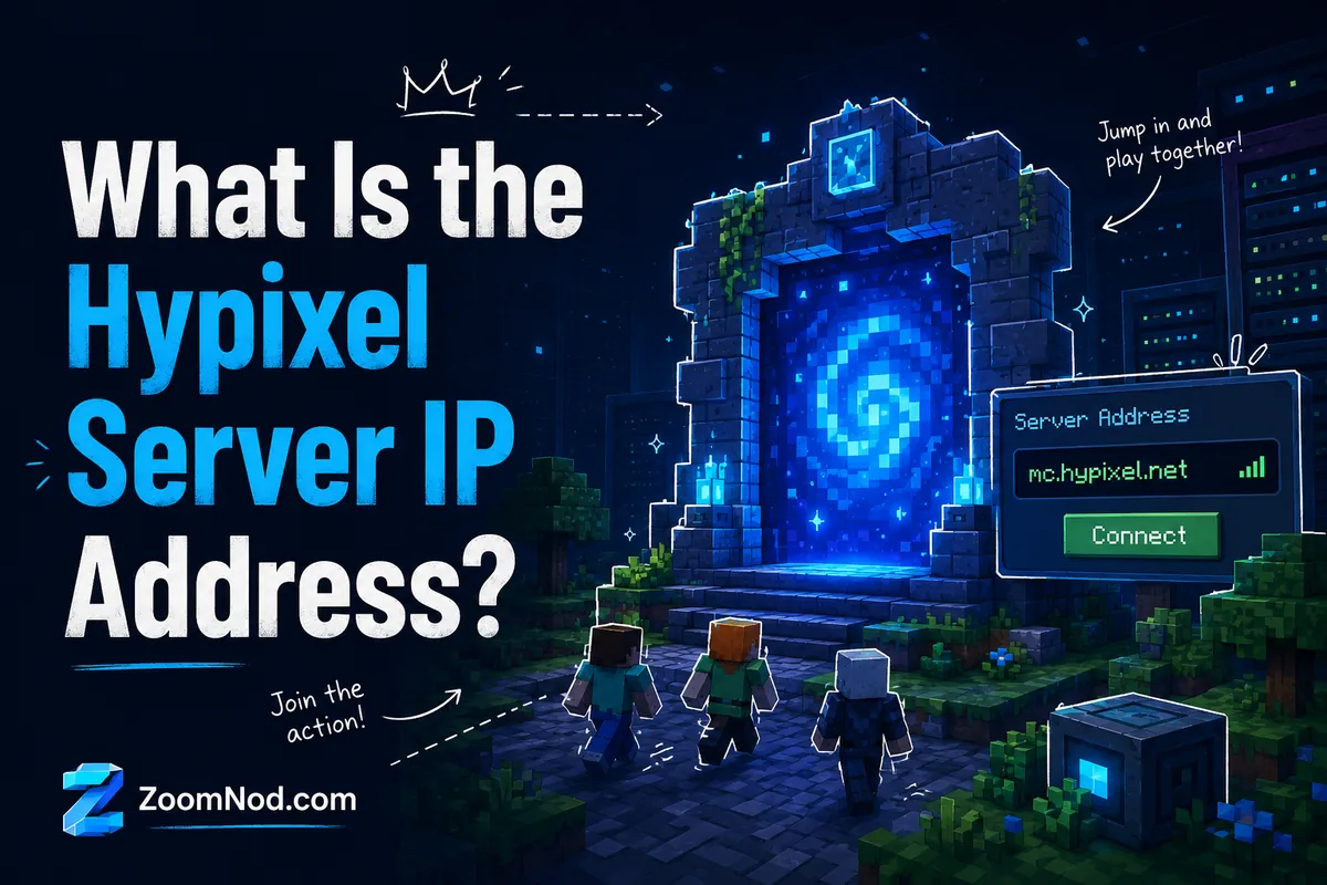 What Is the Hypixel Server IP Address? ZoomNod guide cover showing a voxel gaming portal and the mc.hypixel.net server address.
