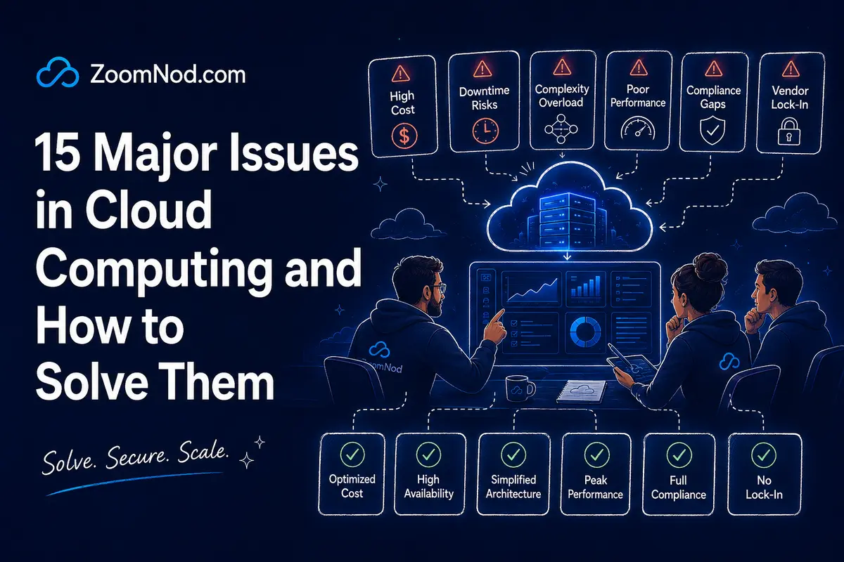 Major issues in cloud computing cover showing cost, downtime, complexity, performance, compliance, and solutions by ZoomNod