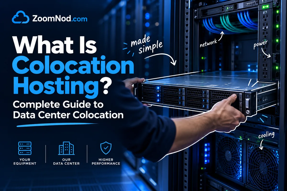 Rack server being installed in a data center with power, network and cooling annotations for ZoomNod’s colocation hosting guide