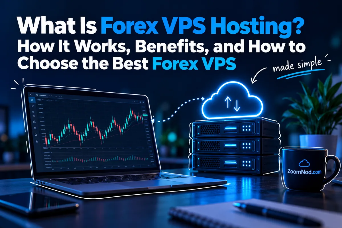 Trading laptop connected to cloud servers with hand-drawn outlines, illustrating ZoomNod’s Forex VPS hosting guide