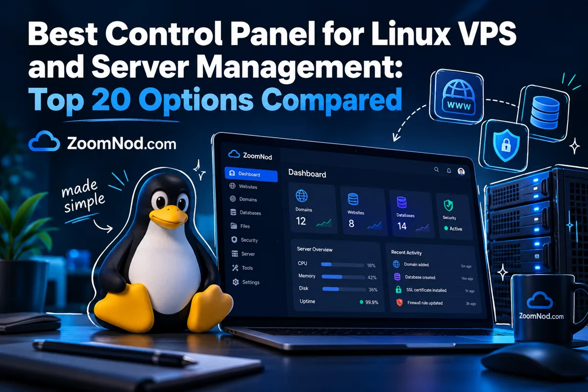 Linux penguin beside a server control dashboard with domain, database and security tools for ZoomNod